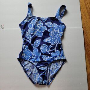 Speedo Womens Blue Floral Print One-Piece Swimsuit Size 14 Nylon/Spandex